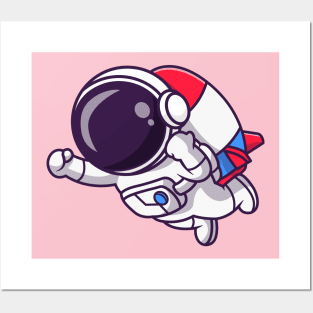 Cute Astronaut Flying With Rocket Cartoon Posters and Art